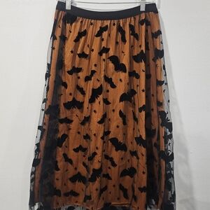 Chicwish Orange Tulle Midi Skirt with Black Bat Overlay